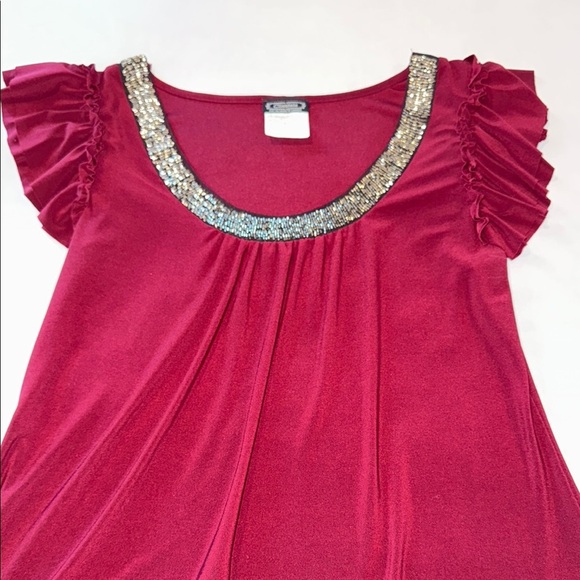 Clientele Shirt Embellished Short Flutter Sleeve Asymmetric Tunic Teal Burgundy - Picture 11 of 15